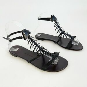 Giuseppe Zanotti Black Leather Fishbone Flat Ankle Strap Sandals IT 37.5
